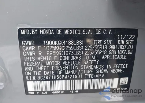 2023 Honda Hr-V 2Wd Sport z USA, uszkodzony, nr VIN 3CZRZ1H58PM721901
